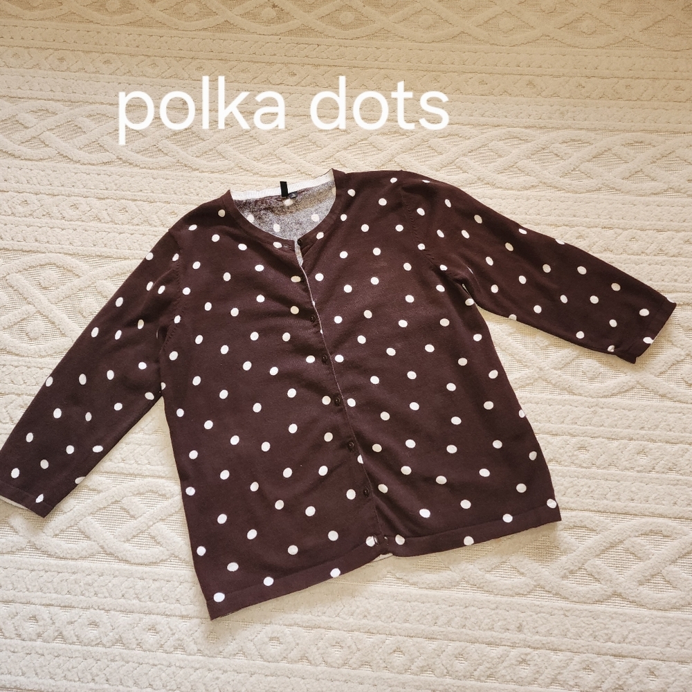L Brown Cardigan W Cream Polka Dots